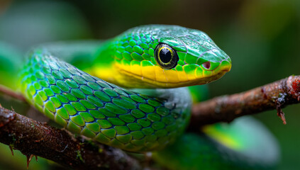 Fototapeta premium Emerald snake coiled on branch. Close-up of a vivid green and yellow Emerald Tree Snake coiled on a small branch.