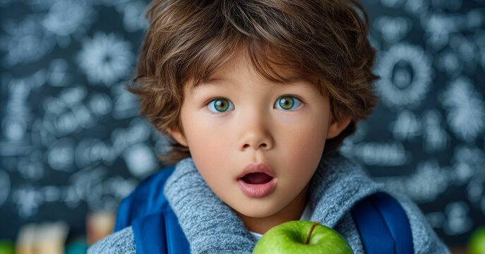 Boy is surprised at School. Close-up on a young boy with a green apple and a backpack, looking surprised in front of a chalkboard at school. - Powered by Adobe
