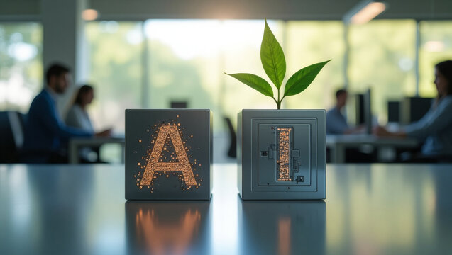 Innovation in Artificial Intelligence and Sustainability Highlighted by a Growing Plant in a Modern Workspace During Daylight Hours