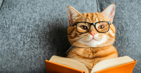 Cat reads a book wearing glasses. An orange tabby cat with eyeglasses reads an open book on a grey sofa. It looks directly at the camera.