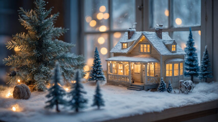 Fototapeta premium Snowy Christmas Decoration Featuring a Charming House With Warm Lights Surrounded by Pine Trees