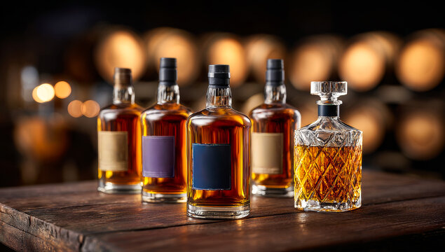 Bottles and decanter on wood. Five bottles and a cut glass decanter containing amber liquid stand on a wooden table.