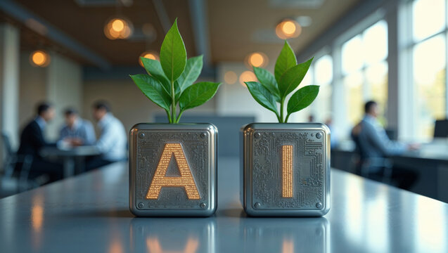 Innovative Fusion of Technology and Nature With AI Symbols Representing Growth and Sustainability in a Modern Office Setting