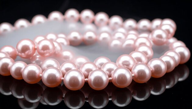 Delicate pink pearl necklace, close-up view, showcasing lustrous beads on a dark background.