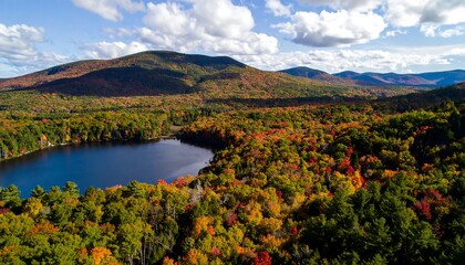 Autumnal landscape panorama of a lake nestled in a valley