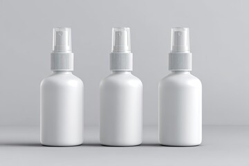 Three blank, white spray bottles, set against a light gray backdrop.  Each bottle features a clear spray top and a smooth, rounded shape