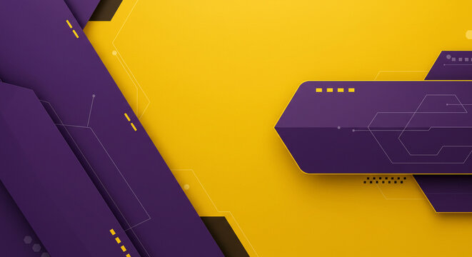 Abstract Geometric Design: Purple Shapes on Yellow Background with Tech Details