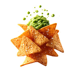 Fototapeta premium Hovering tortilla chips with visible salt crystals and guacamole dip droplets nearby