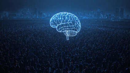 Representation of Artificial Intelligence as a Neural Network Over a Crowd in a Futuristic Cityscape at Night
