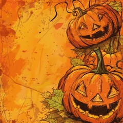 Pumpkins with a scary face on an orange background. Festive Halloween background.