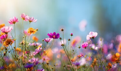 Colorful cosmos flowers in a sunny field.  A vibrant display of pink, orange, and purple blossoms against a soft, light blue sky.  Sunlight highlights the delicate petals