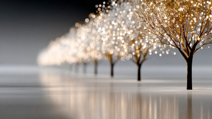 Glowing trees in a row. A row of evenly spaced trees glow with fairy lights. The lights are reflected in the glossy surface beneath them.