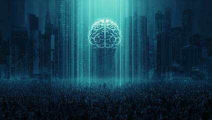 Concept of Artificial Intelligence and Collective Intelligence Emerging Above a Futuristic Urban Landscape