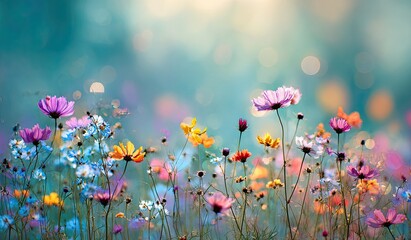 Vibrant meadow of colorful cosmos flowers.  Soft, bokeh-filled background