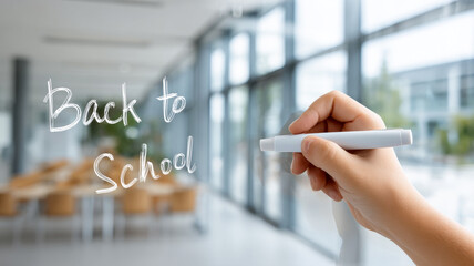 Writing back to school message. Child hand writing Back to School on glass with a white marker.