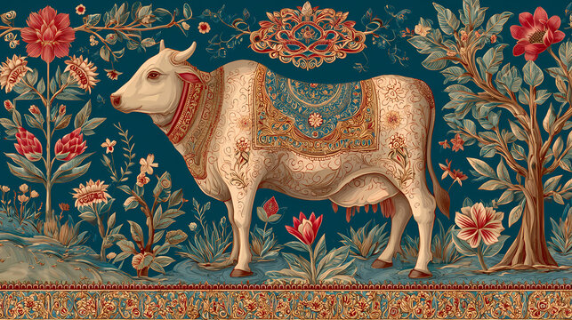 Sacred Indian Cow Pichwai Mughal Style Illustration: A Concept of Traditional Art and Religious Symbolism