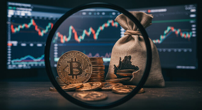 Bitcoin and Financial Chart Analysis with Magnifying Glass and Money Bag