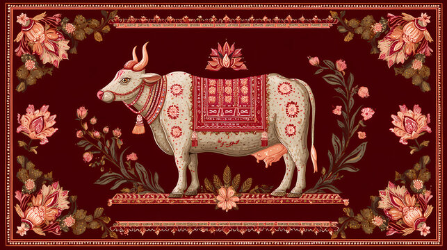 Sacred Indian Cow in Pichwai Mughal Style: A Concept of Traditional Art and Culture
