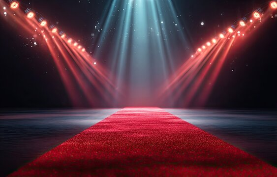 Red carpet stage illuminated by spotlights