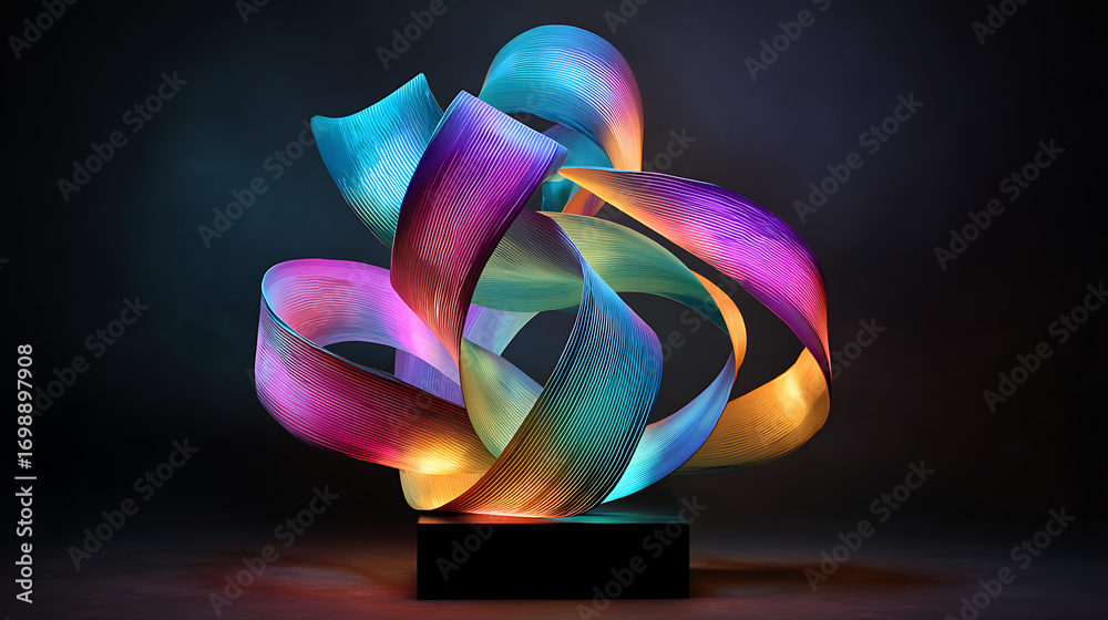 Wall mural a vibrant and colorful abstract sculpture made of swirling ribbons, illuminated with a rainbow of li