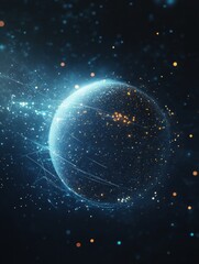 Obraz premium Vivid representation of a celestial sphere surrounded by luminous particles and cosmic elements in a dark space setting