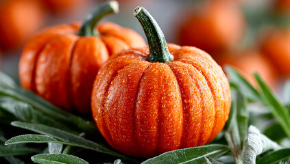 Freshly harvested pumpkins on display. Two vibrant orange pumpkins with water droplets sit on lush green leaves, showcasing the beauty of autumn harvest.