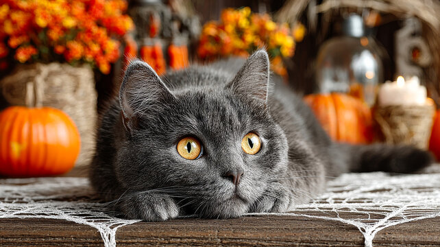 Gray cat lounges in fall decor. A gray cat rests peacefully on a wooden surface surrounded by pumpkins and autumn flowers in a cozy autumn setting.