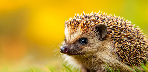 Fototapeta premium Hedgehog in a colorful garden. A hedgehog forages in a colorful garden on a sunny afternoon, highlighting its unique texture.