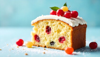 A vibrant slice of Christmas fruit cake with colored glaze and candied fruits, on a pristine white background, showing rich textures, crumbs, and slice cross-section