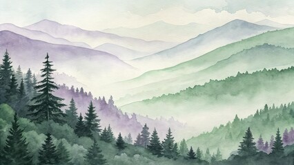 Misty Watercolor Mountain Landscape with Pine Forest