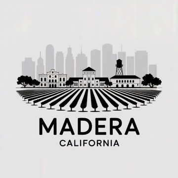Madera California Skyline Silhouette &mdash; Central Valley Vineyard City Vector Illustration