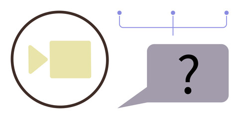 Camera symbol next to a speech bubble with a question mark and linked connection points. Ideal for communication, decision-making, video conferencing, brainstorming, teamwork, collaboration