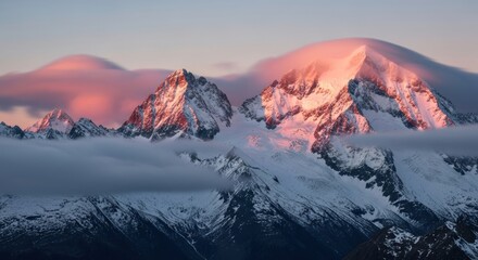 Majestic snow-capped mountains at sunrise with dramatic clouds and pink sky