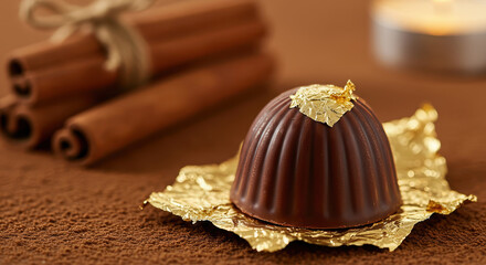 Gourmet Chocolate Truffle with Gold Leaf, Cinnamon Sticks and Candlelight, Festive Cozy Dessert on Elegant Golden Foil Background
