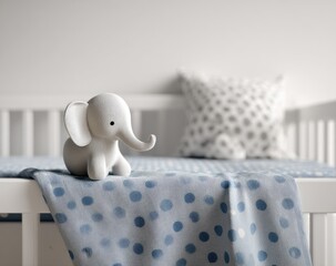 A white elephant figurine sits on a blue-dotted blanket draped over a white crib.  A gray-dotted pillow rests on the crib's mattress.  Soft, neutral nursery scene