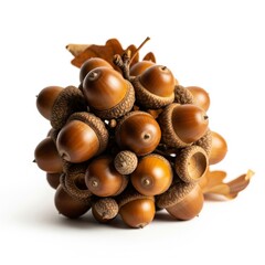 Pile of Brown Acorns with Caps and Oak Leaves on White Background