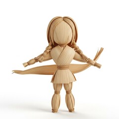 Artisan Straw Doll with Braids and Traditional Dress on White Surface