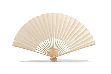 Beige paper fan, light beige color, wooden ribs, open, on white background