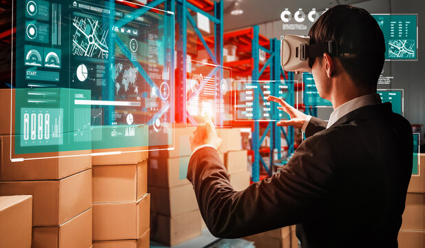 Future virtual reality technology for innovative VR warehouse management . Concept of smart technology for industrial revolution and automated logistic control .