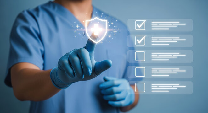 Healthcare professional in blue scrubs using digital interface with shield icon and checklist. Concept of medical technology, data security and health protection
 - Powered by Adobe