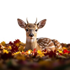 Spotted Fawn Resting Amongst Colorful Autumn Leaves in White Background