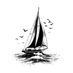 Fototapeta premium Sailing ship sketch, waves, birds