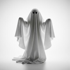 Pixelated White Ghost Figure with Raised Arms on a Plain White Background Halloween Concept