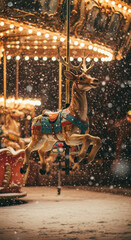 Fototapeta premium Magical and nostalgic winter scene of a festive Christmas carousel with reindeer, glowing with warm lights during a beautiful snowfall