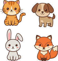 Obraz premium Set of Funny Cartoon Animals Flat Vector Animals Illustration
