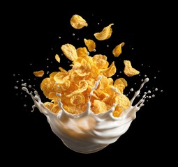 Cereal flakes exploding in milk splash