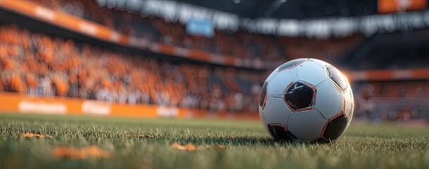 Soccer ball on grassy field, stadium in background with orange-clad fans