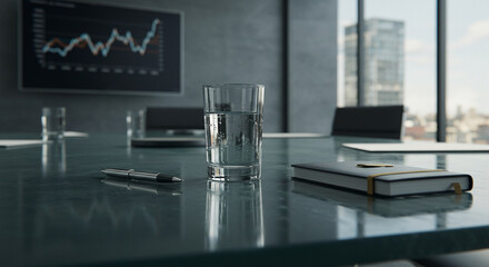 Modern conference room with glass table and business presentation screen.