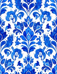 Ornate blue floral damask pattern on white