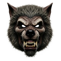 Menacing Werewolf Mask with Sharp Teeth and Gray Fur on White Background
